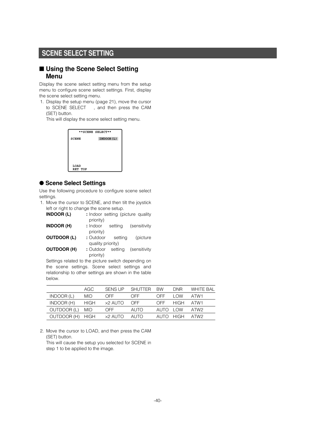 Panasonic WV-CS954 operating instructions Using the Scene Select Setting Menu, Scene Select Settings 