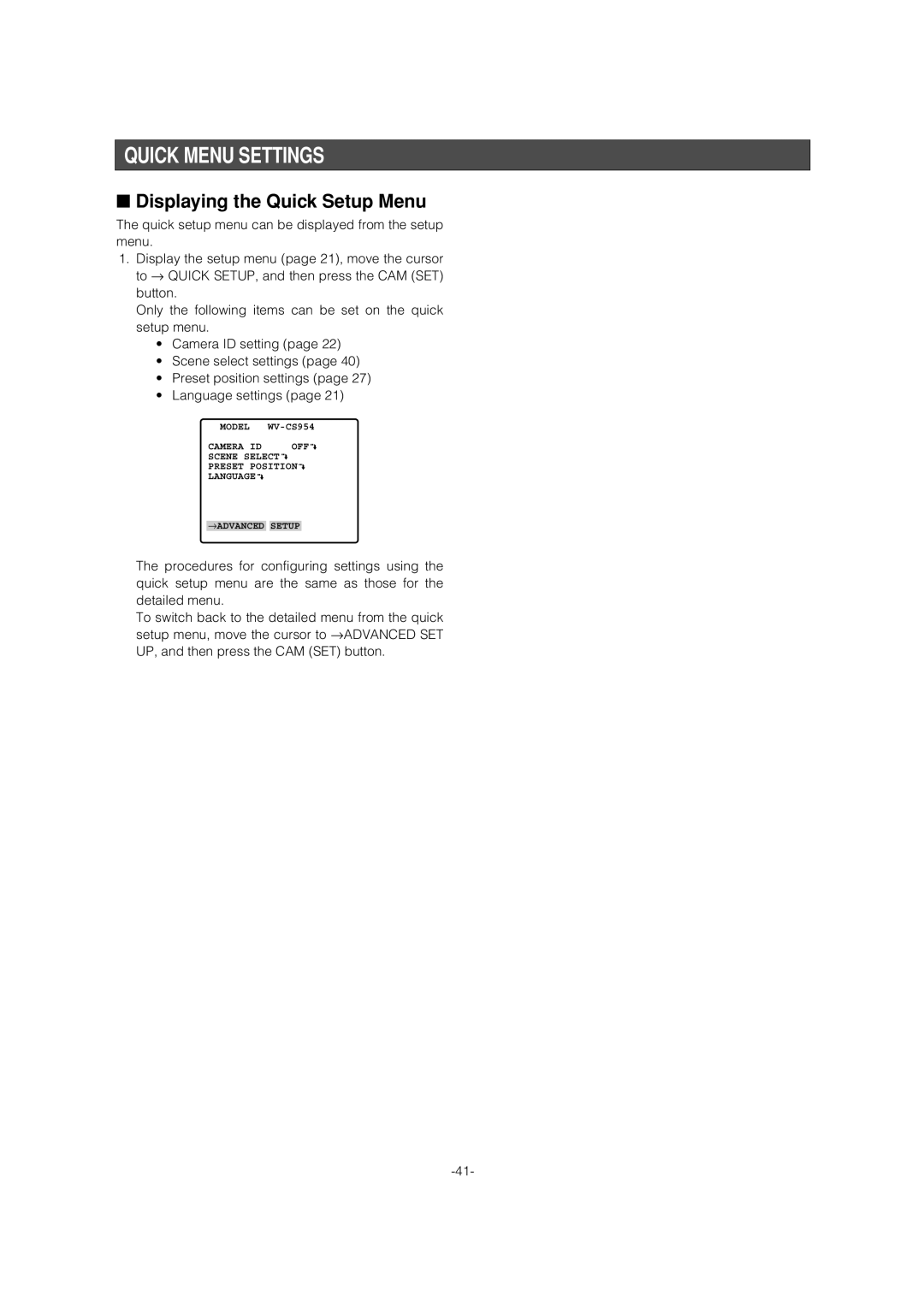 Panasonic WV-CS954 operating instructions Quick Menu Settings, Displaying the Quick Setup Menu 