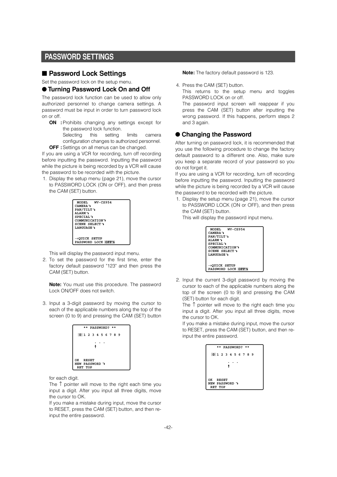 Panasonic WV-CS954 Password Settings, Password Lock Settings, Turning Password Lock On and Off, Changing the Password 