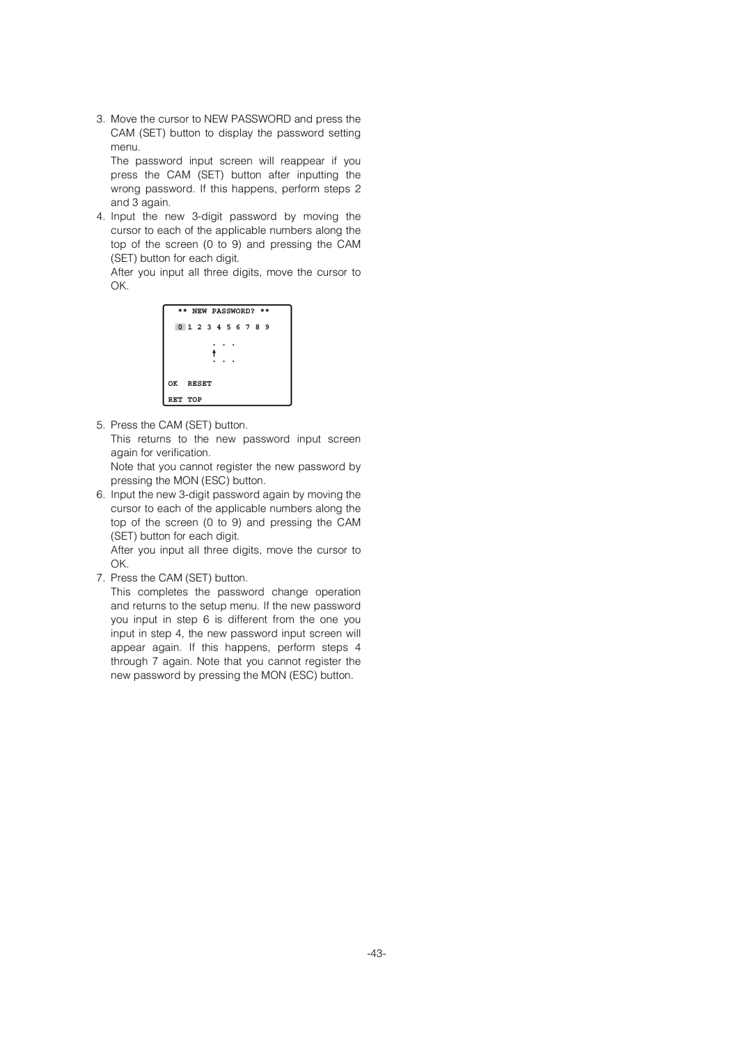 Panasonic WV-CS954 operating instructions OK Reset RET TOP 