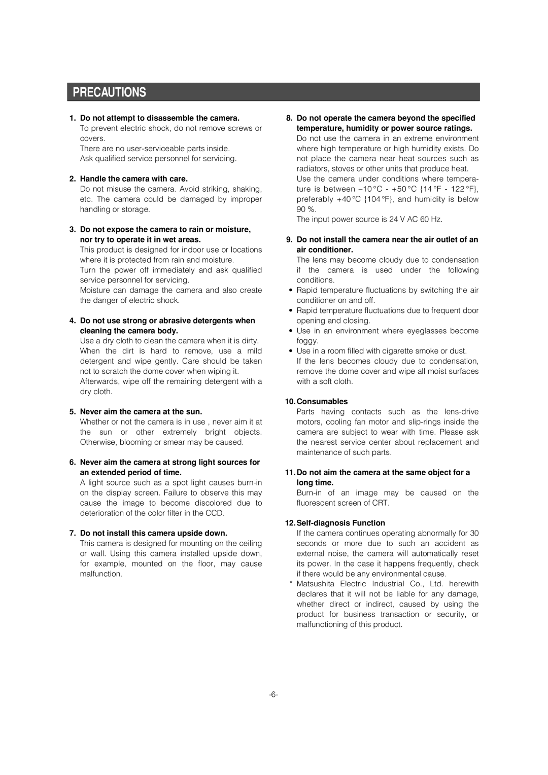 Panasonic WV-CS954 operating instructions Precautions 