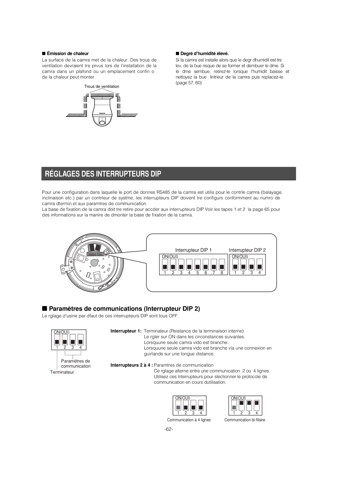 Panasonic WV-CS954 Réglages DES Interrupteurs DIP, Paramètres de communications Interrupteur DIP, Émission de chaleur 