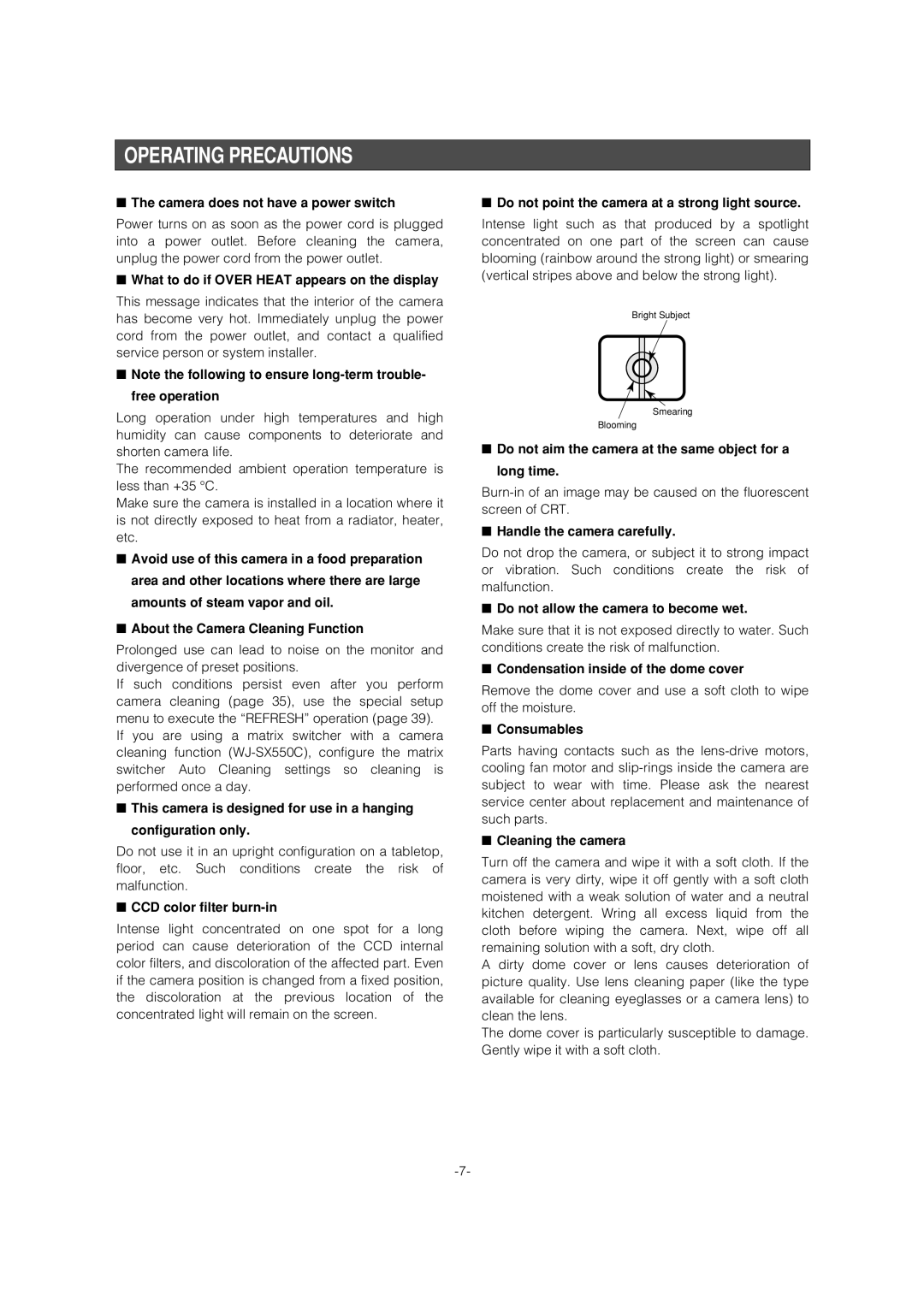 Panasonic WV-CS954 operating instructions Operating Precautions 