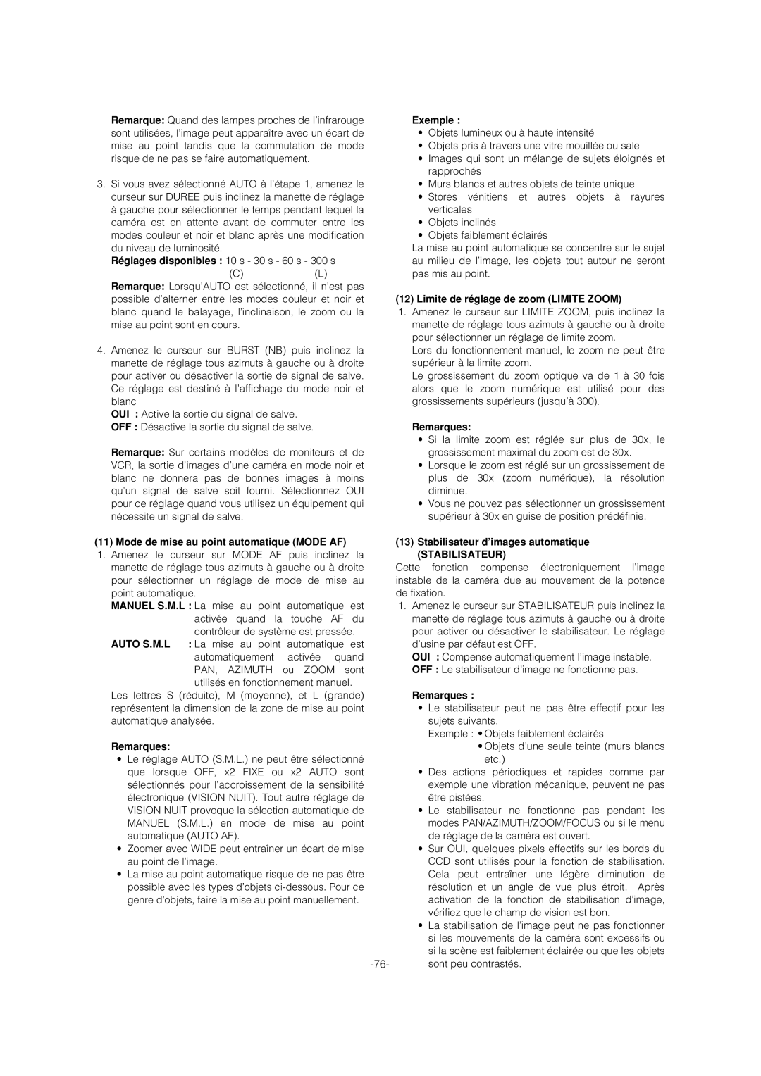 Panasonic WV-CS954 Mode de mise au point automatique Mode AF, Exemple, Limite de réglage de zoom Limite Zoom 