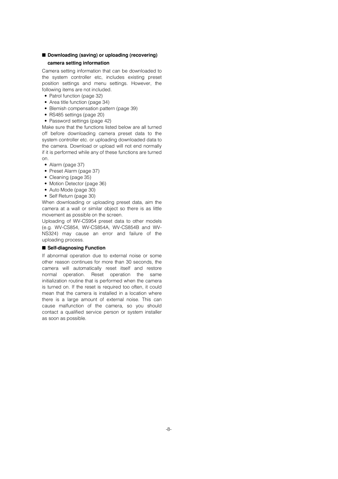 Panasonic WV-CS954 operating instructions Self-diagnosing Function 