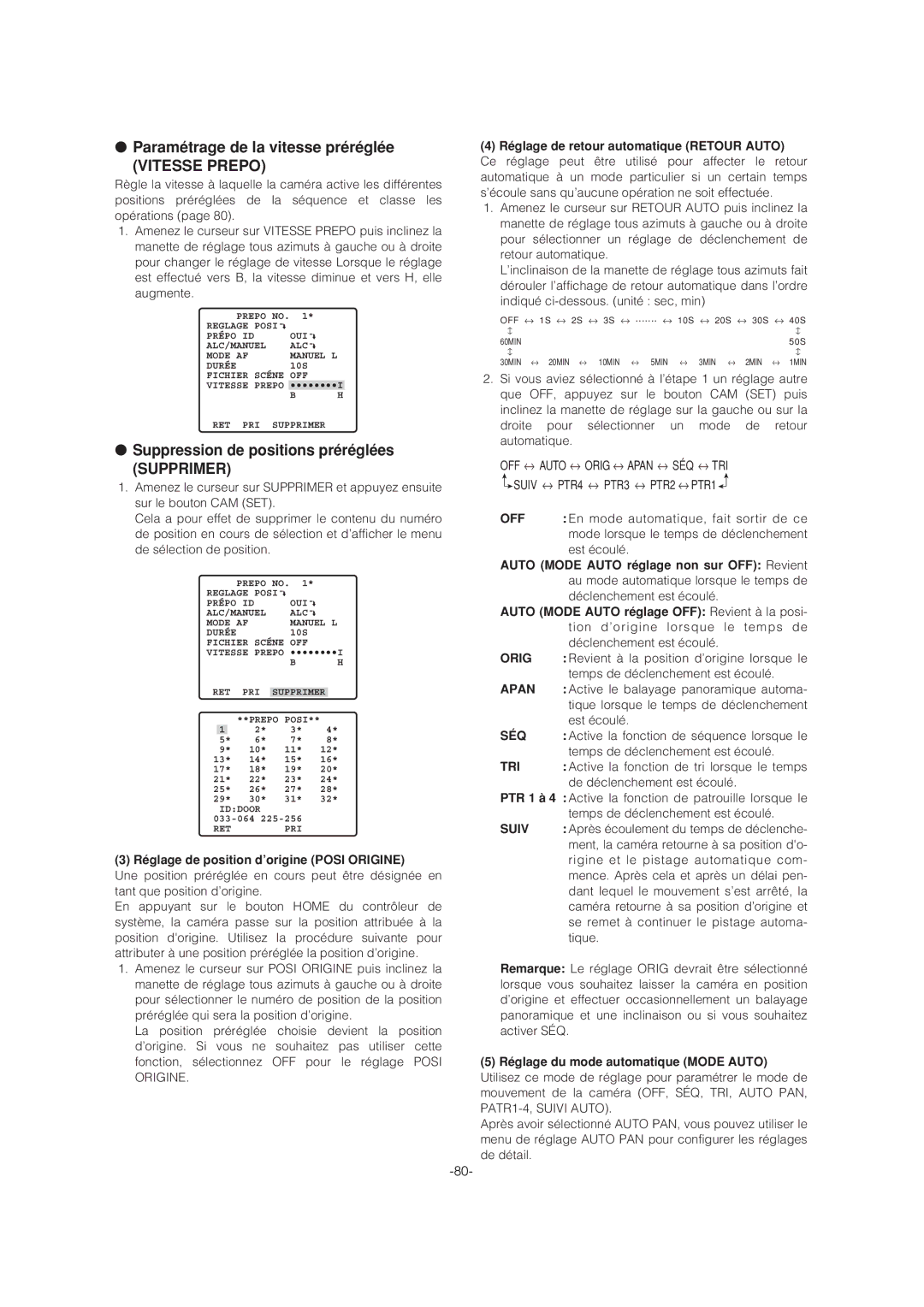 Panasonic WV-CS954 operating instructions Orig, Séq, Tri, Suiv 