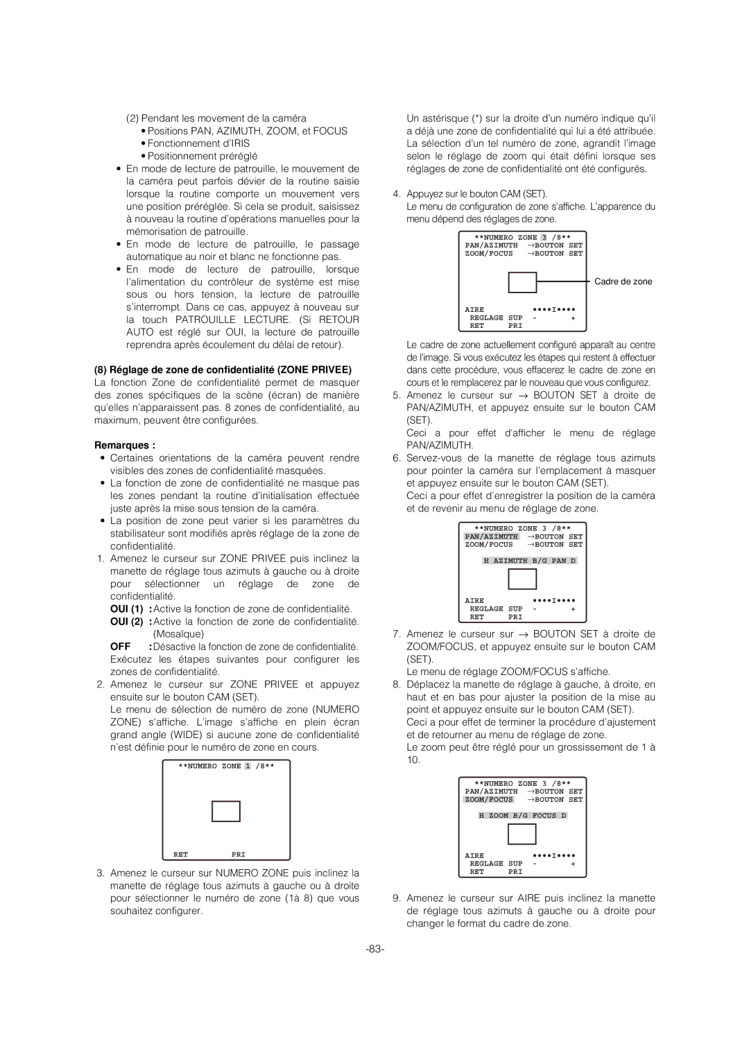 Panasonic WV-CS954 operating instructions Pan/Azimuth ∑Bouton Set Zoom/Focus ∑Bouton Set 