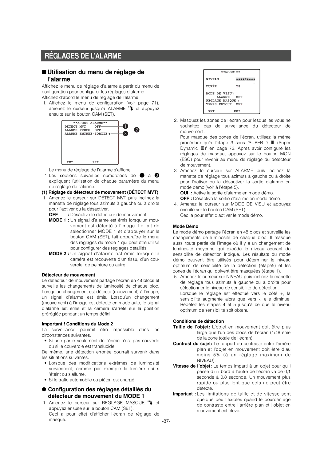 Panasonic WV-CS954 operating instructions Réglages DE L’ALARME, Utilisation du menu de réglage de ’alarme 