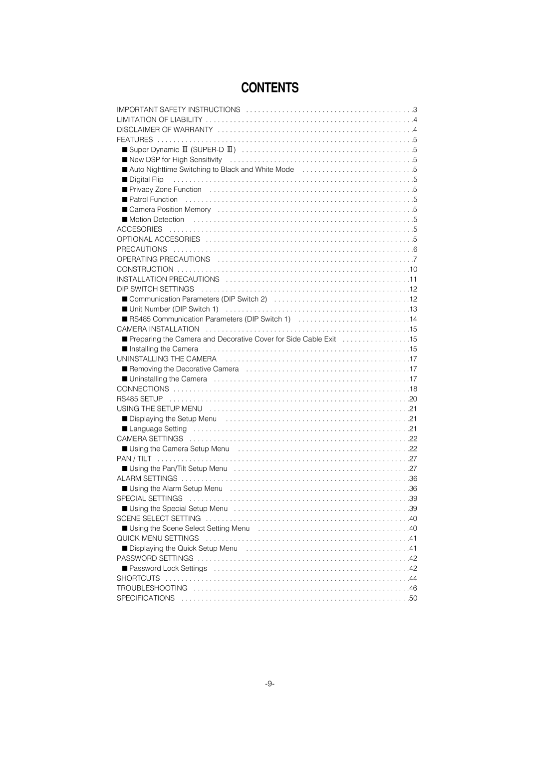 Panasonic WV-CS954 operating instructions Contents 