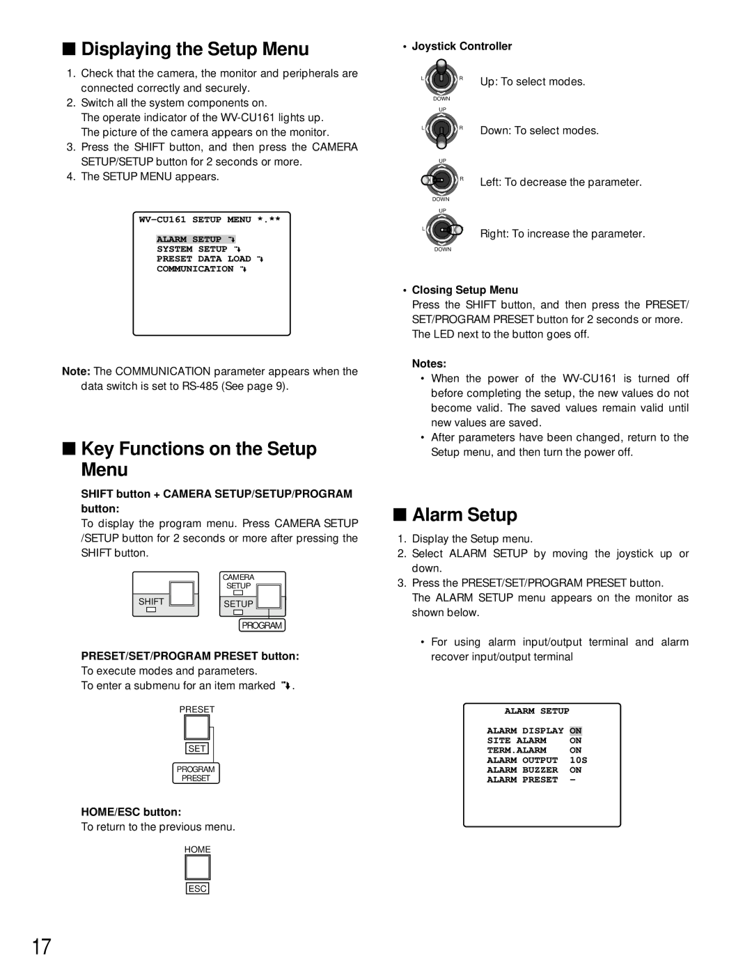 Panasonic WV-CU161 operating instructions Key Functions on the Setup Menu, Alarm Setup 