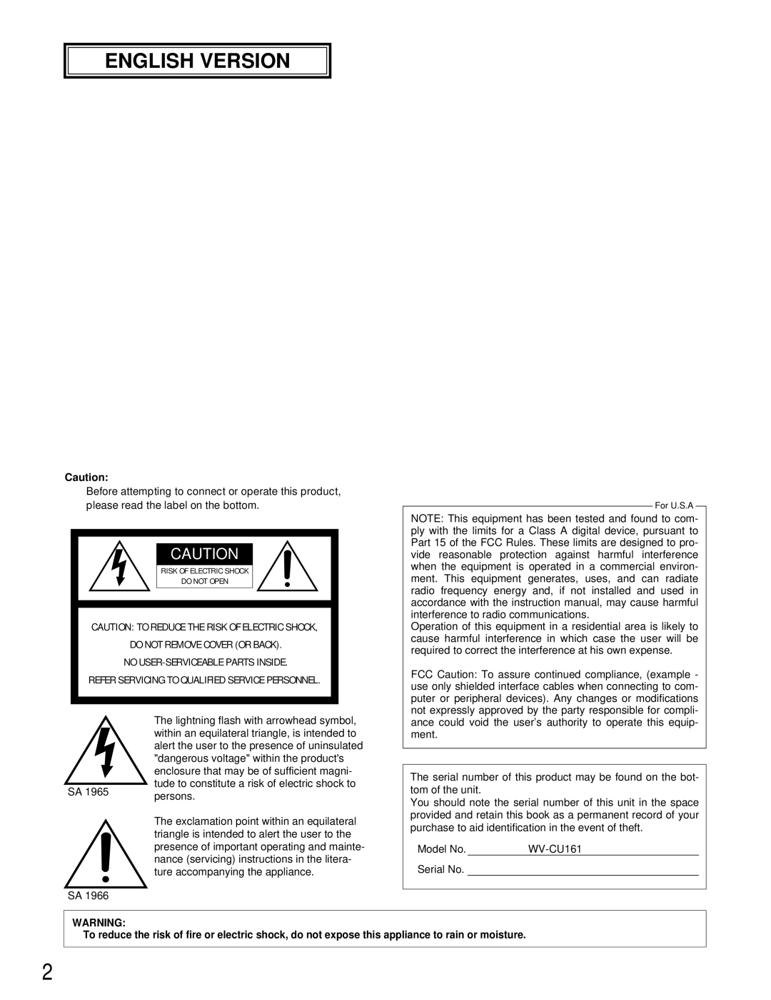 Panasonic WV-CU161 operating instructions English Version 