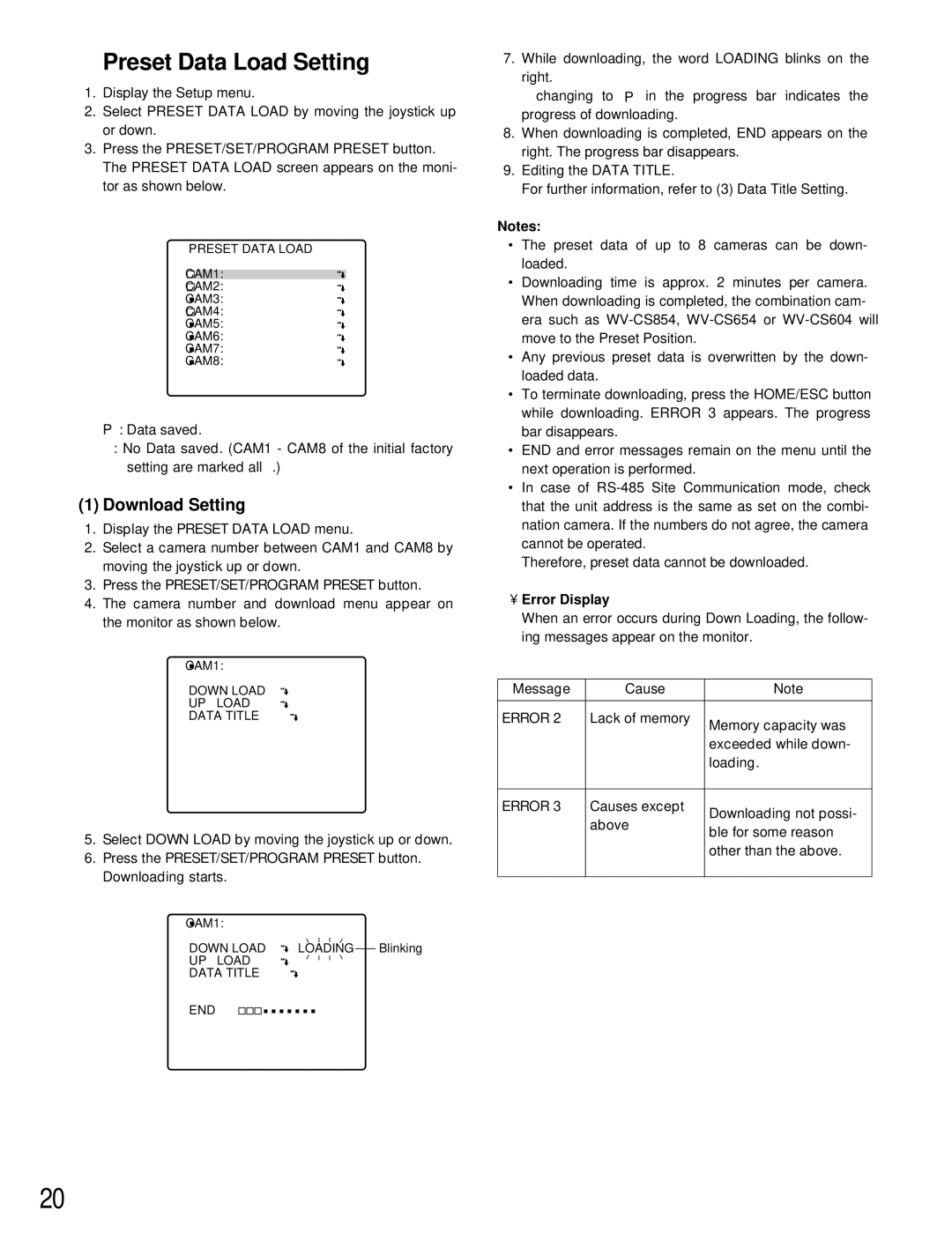 Panasonic WV-CU161 operating instructions Preset Data Load Setting, Download Setting, Error Display 