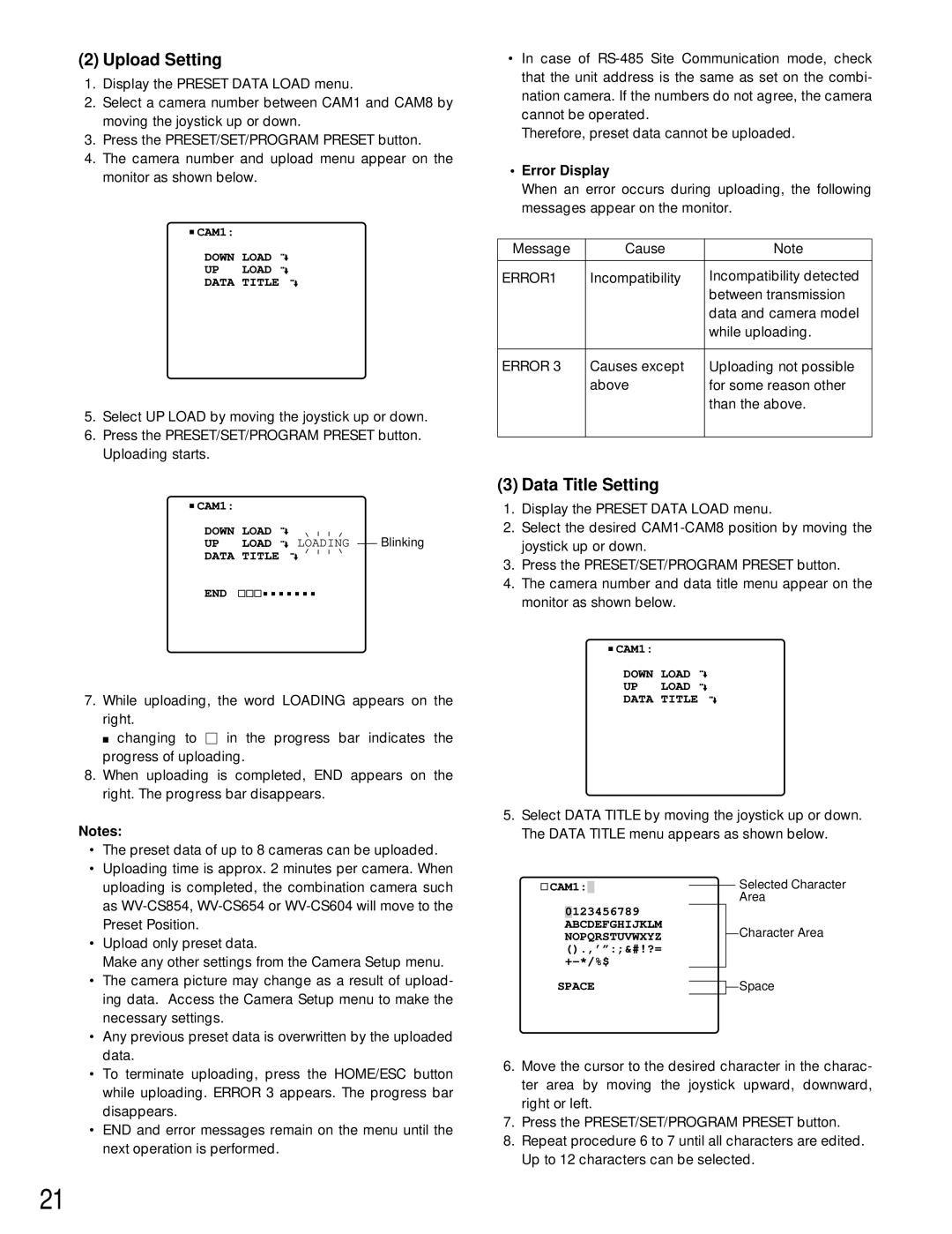 Panasonic WV-CU161 operating instructions Upload Setting, Data Title Setting 