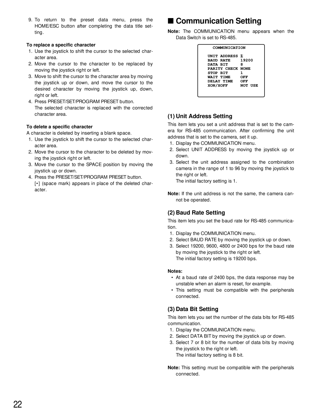 Panasonic WV-CU161 operating instructions Communication Setting, Unit Address Setting, Baud Rate Setting, Data Bit Setting 