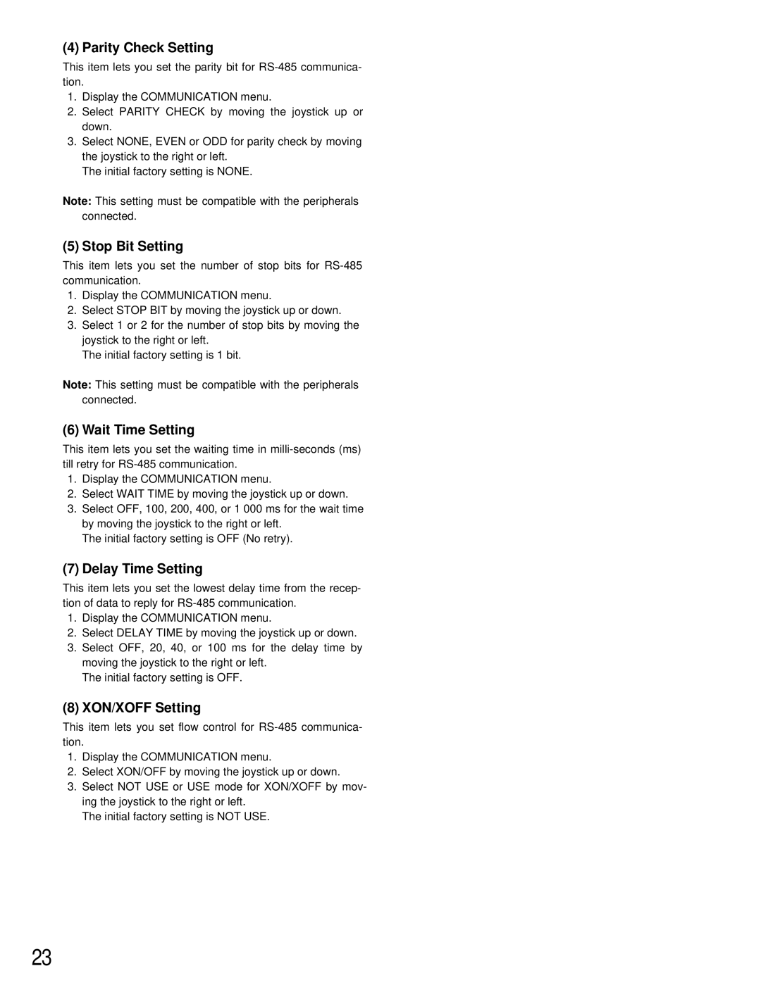 Panasonic WV-CU161 Parity Check Setting, Stop Bit Setting, Wait Time Setting, Delay Time Setting, XON/XOFF Setting 