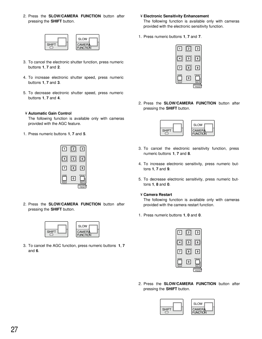 Panasonic WV-CU161 operating instructions Automatic Gain Control, Electronic Sensitivity Enhancement, Camera Restart 