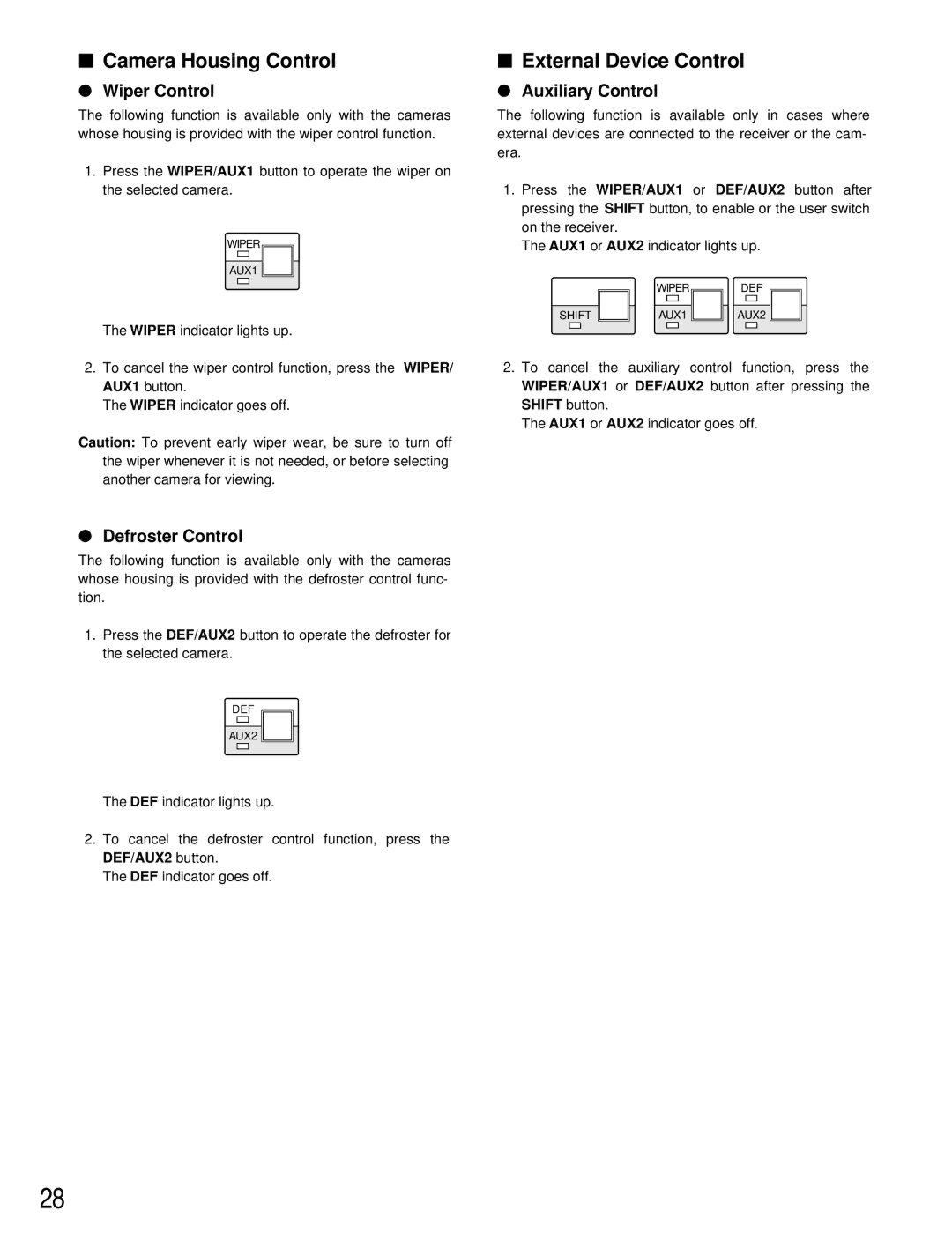 Panasonic WV-CU161 Camera Housing Control, External Device Control, Wiper Control, Defroster Control, Auxiliary Control 