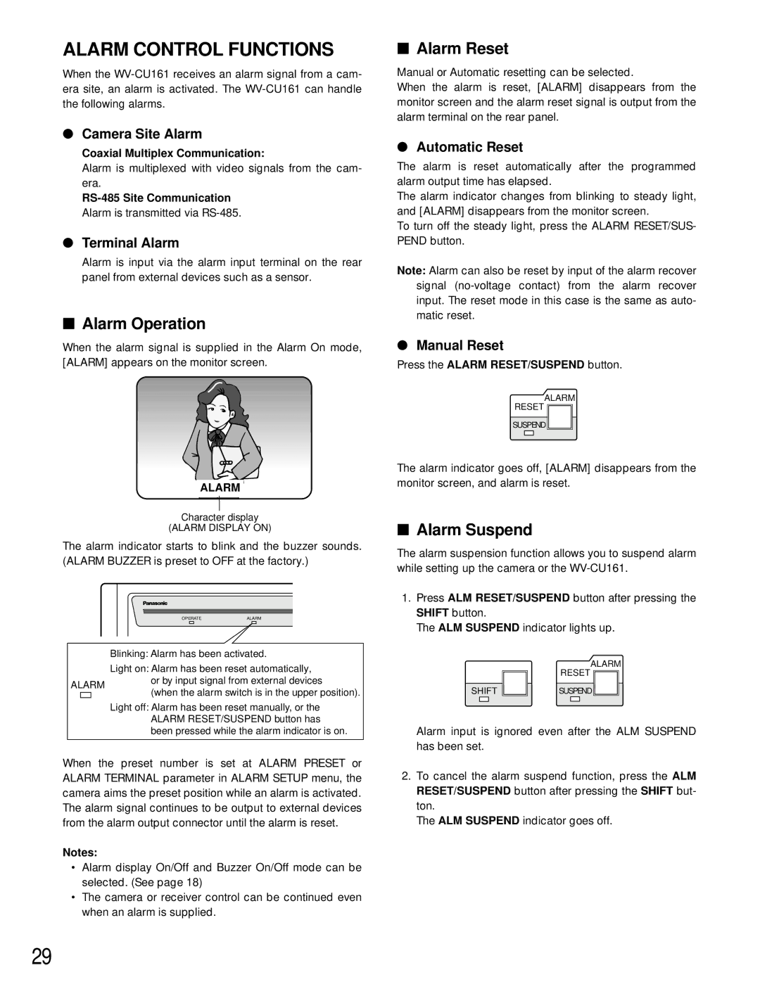 Panasonic WV-CU161 operating instructions Alarm Operation, Alarm Reset, Alarm Suspend 