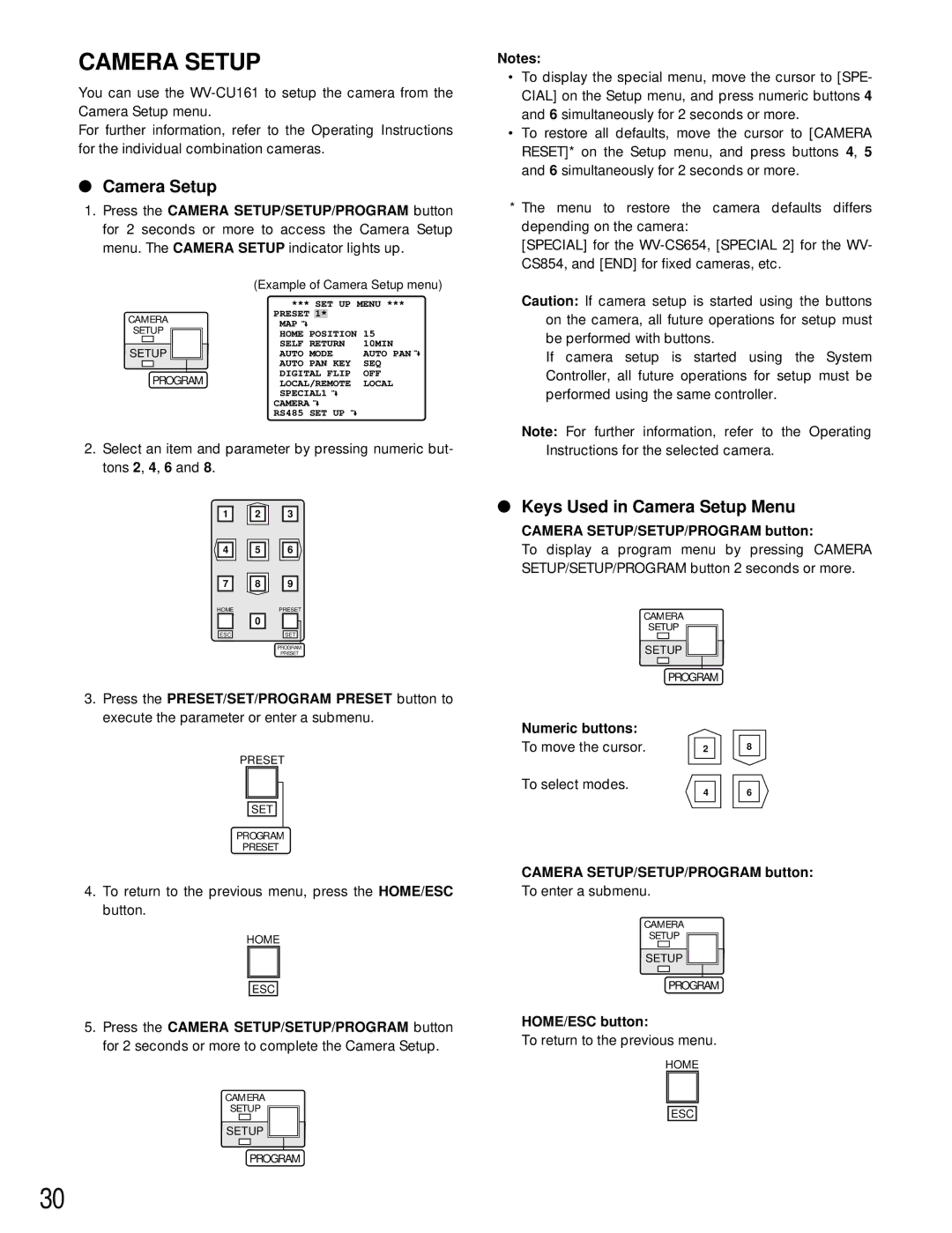 Panasonic WV-CU161 operating instructions Keys Used in Camera Setup Menu, Camera SETUP/SETUP/PROGRAM button 