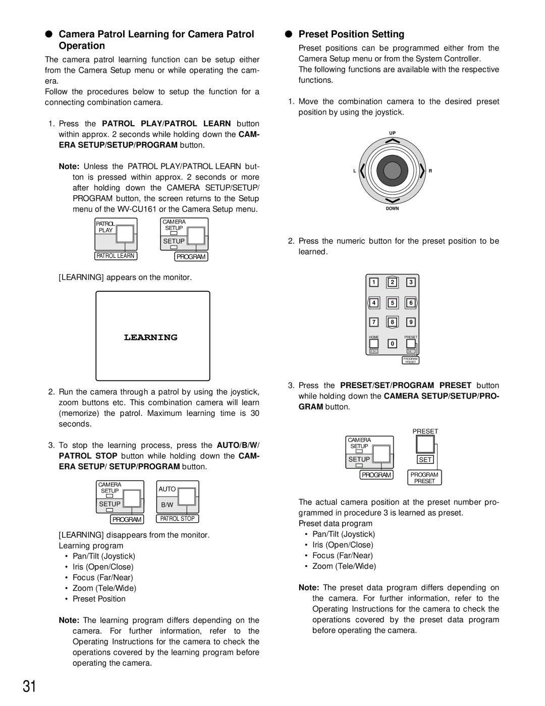 Panasonic WV-CU161 operating instructions Camera Patrol Learning for Camera Patrol Operation, Preset Position Setting 