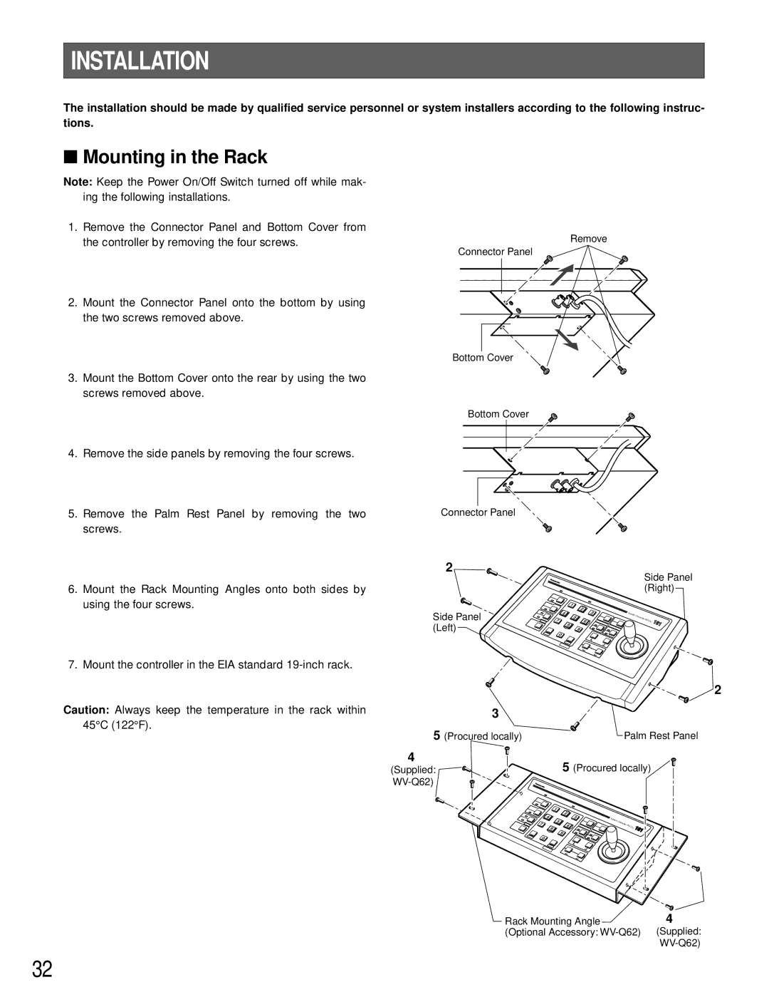 Panasonic WV-CU161 operating instructions Installation, Mounting in the Rack 