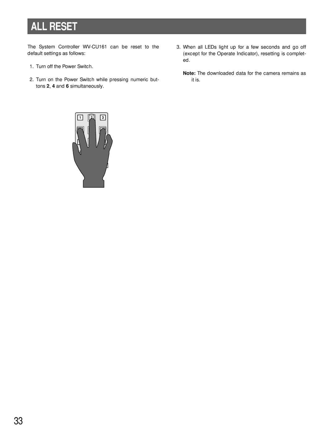 Panasonic WV-CU161 operating instructions ALL Reset 