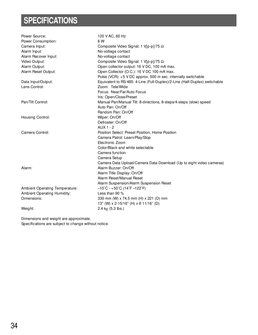 Panasonic WV-CU161 operating instructions Specifications 