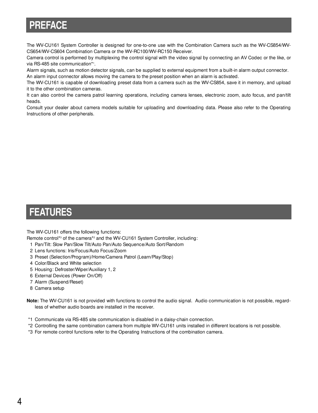 Panasonic WV-CU161 operating instructions Preface, Features 