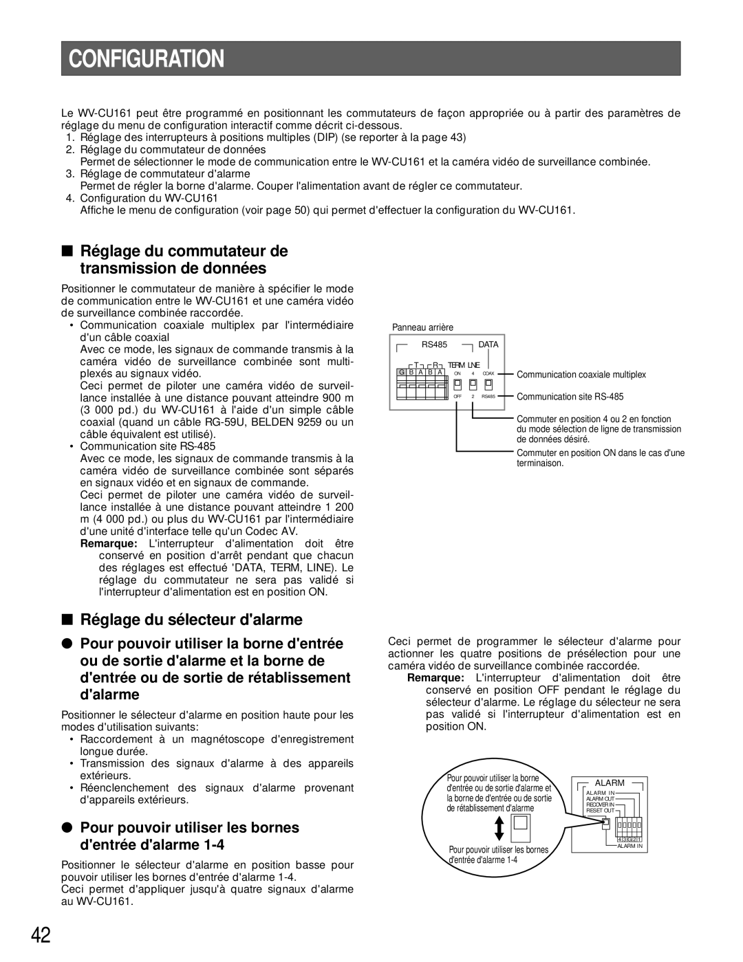 Panasonic WV-CU161 Configuration, Ré glage du commutateur de transmission de donné es, Ré glage du sé lecteur dalarme 