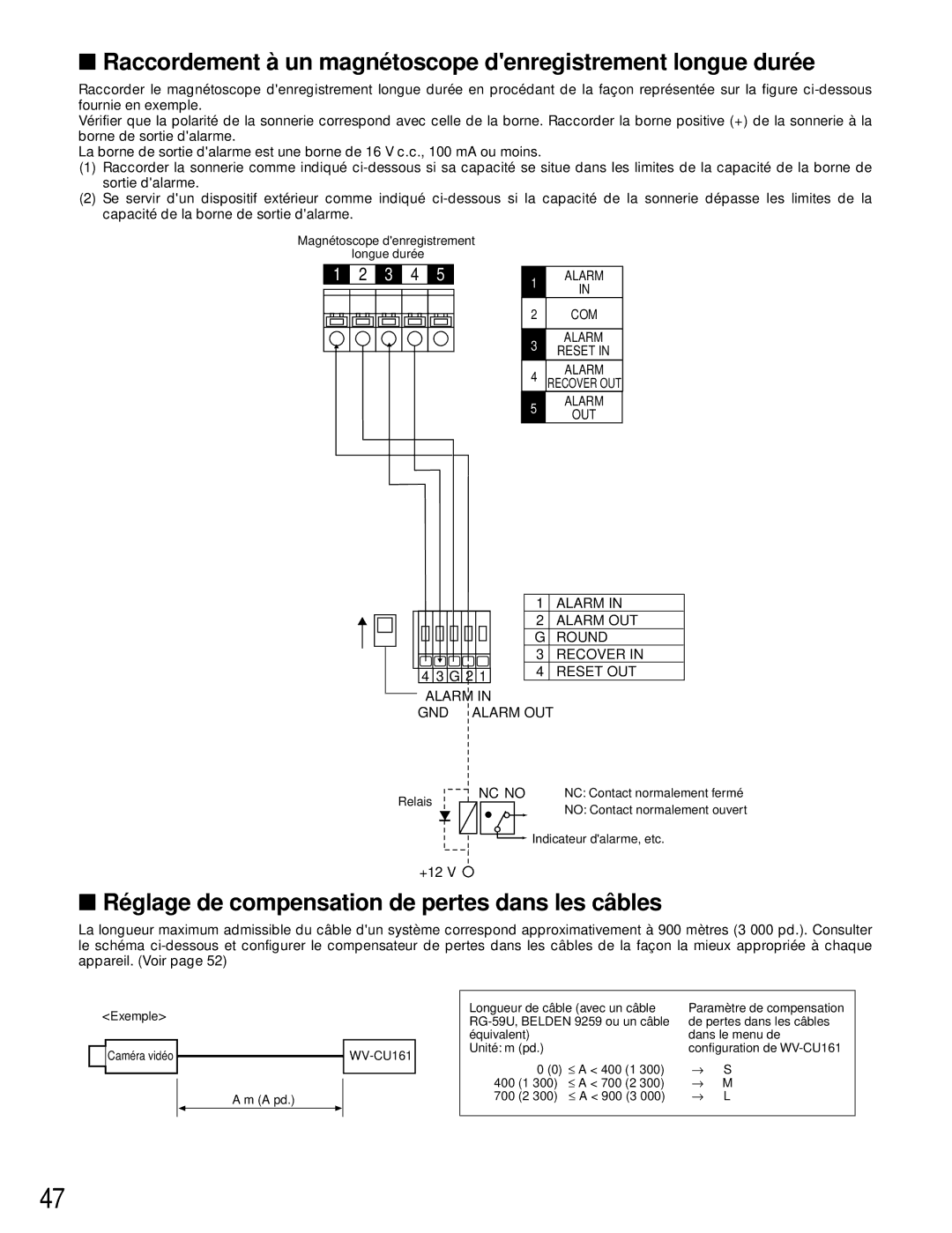 Panasonic WV-CU161 operating instructions Ré glage de compensation de pertes dans les câ bles 