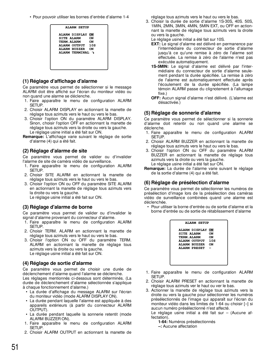 Panasonic WV-CU161 operating instructions Ré glage daffichage dalarme, Ré glage dalarme de site, Ré glage dalarme de borne 