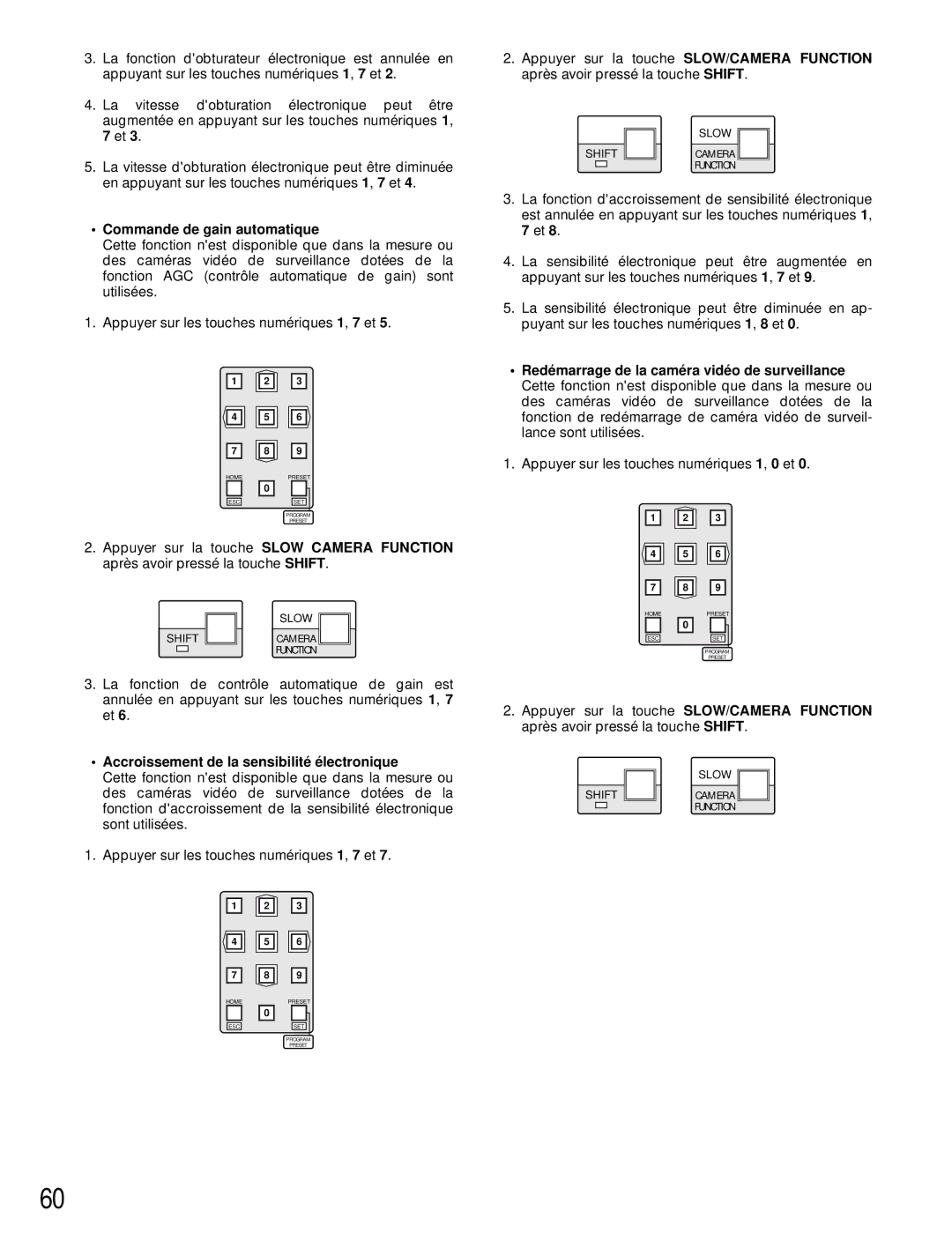 Panasonic WV-CU161 operating instructions Commande de gain automatique, Accroissement de la sensibilité é lectronique 