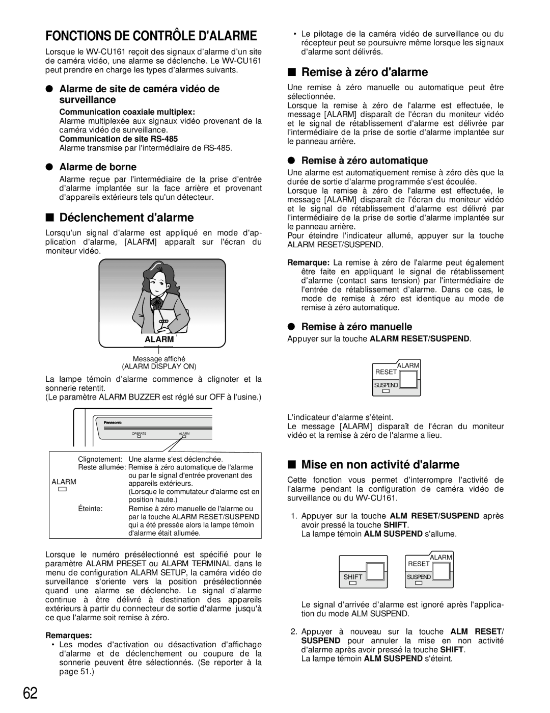 Panasonic WV-CU161 operating instructions Dé clenchement dalarme, Remise à zé ro dalarme, Mise en non activité dalarme 