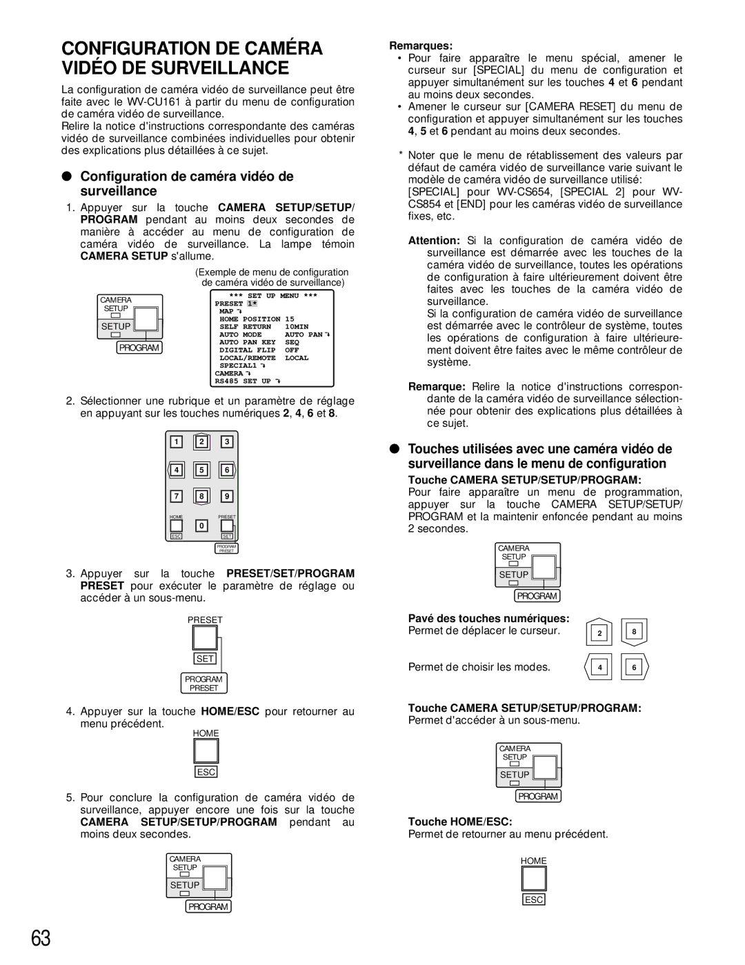 Panasonic WV-CU161 Configuration de camé ra vidé o de surveillance, Touche Camera SETUP/SETUP/PROGRAM 