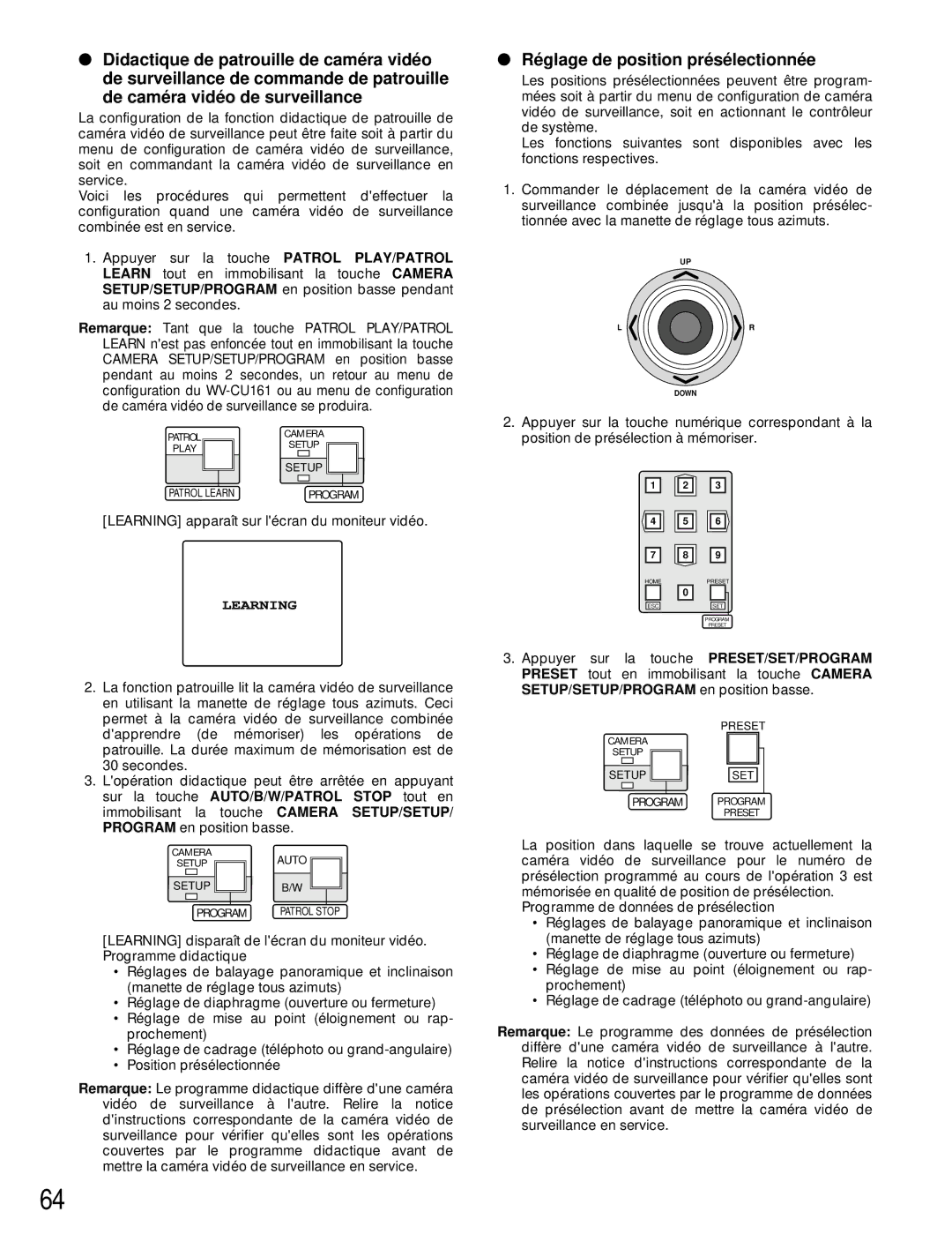 Panasonic WV-CU161 operating instructions Ré glage de position pré sé lectionné e, Learning 