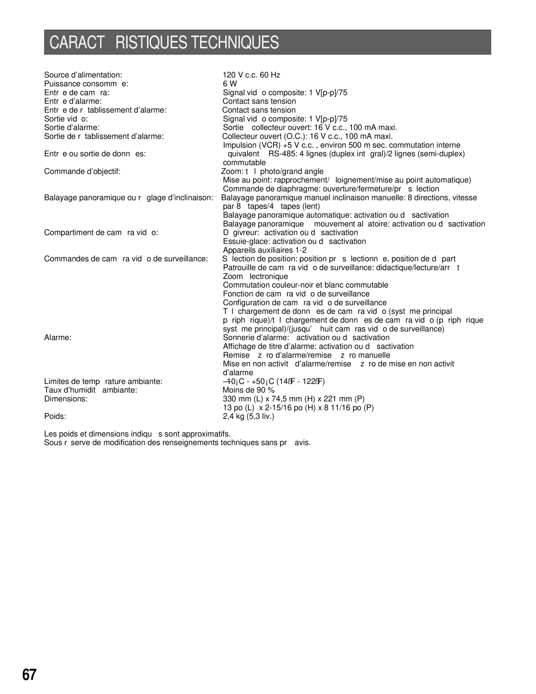 Panasonic WV-CU161 operating instructions Caracté Ristiques Techniques 