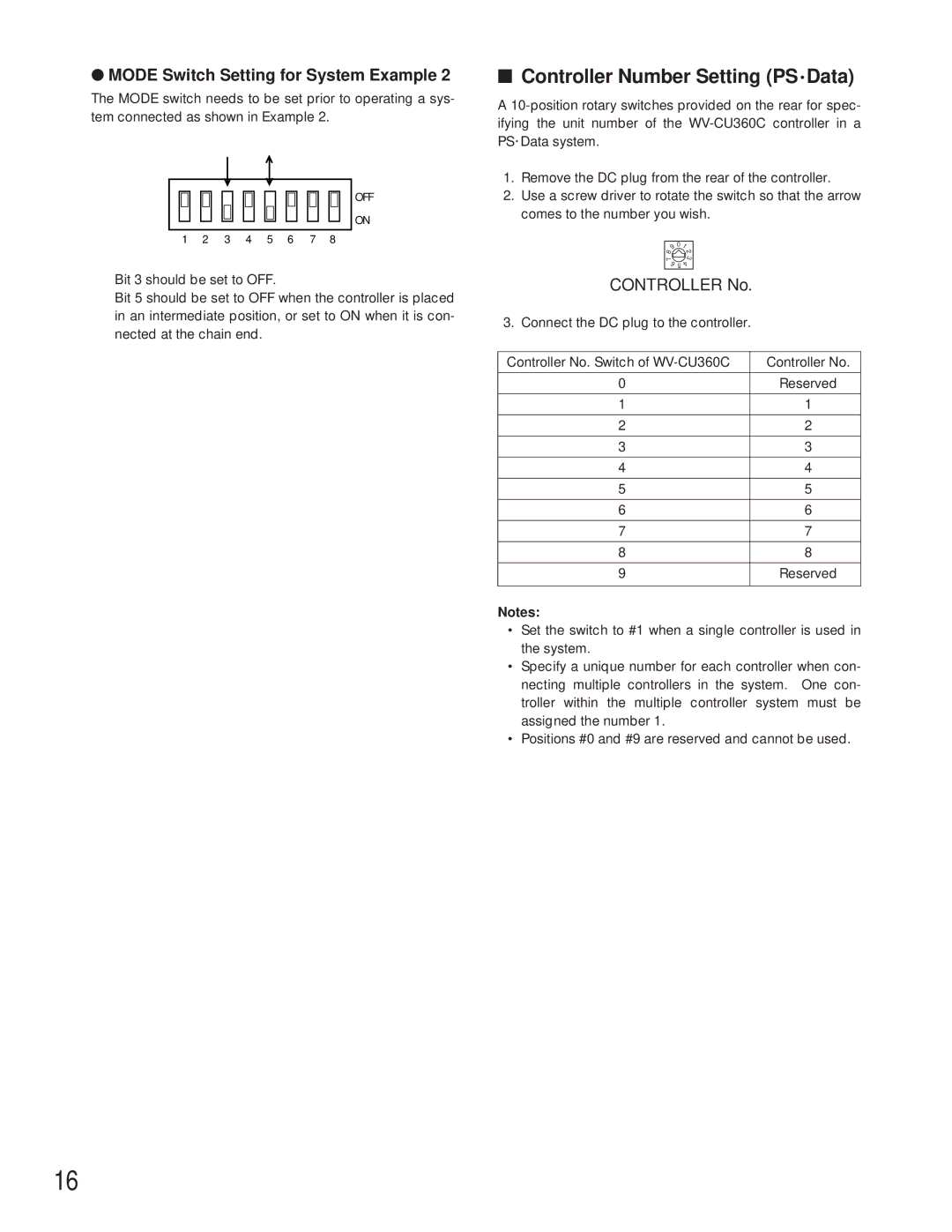 Panasonic WV-CU360C manual Controller Number Setting PS Data, Mode Switch Setting for System Example 