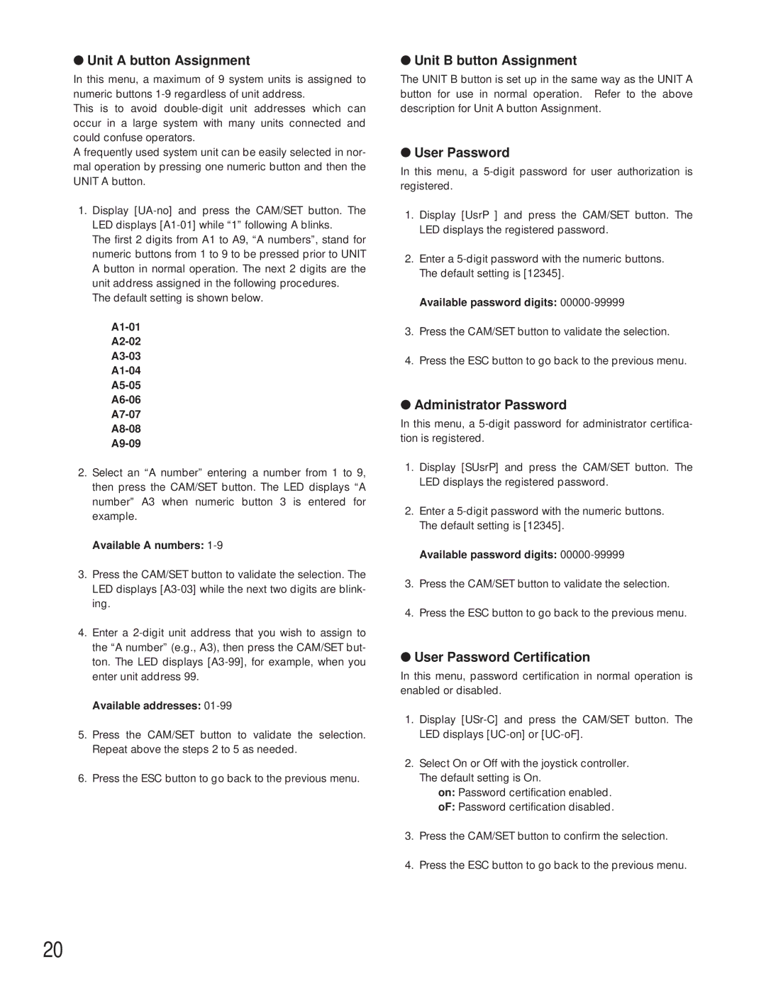 Panasonic WV-CU360C manual Unit a button Assignment, Unit B button Assignment, User Password, Administrator Password 