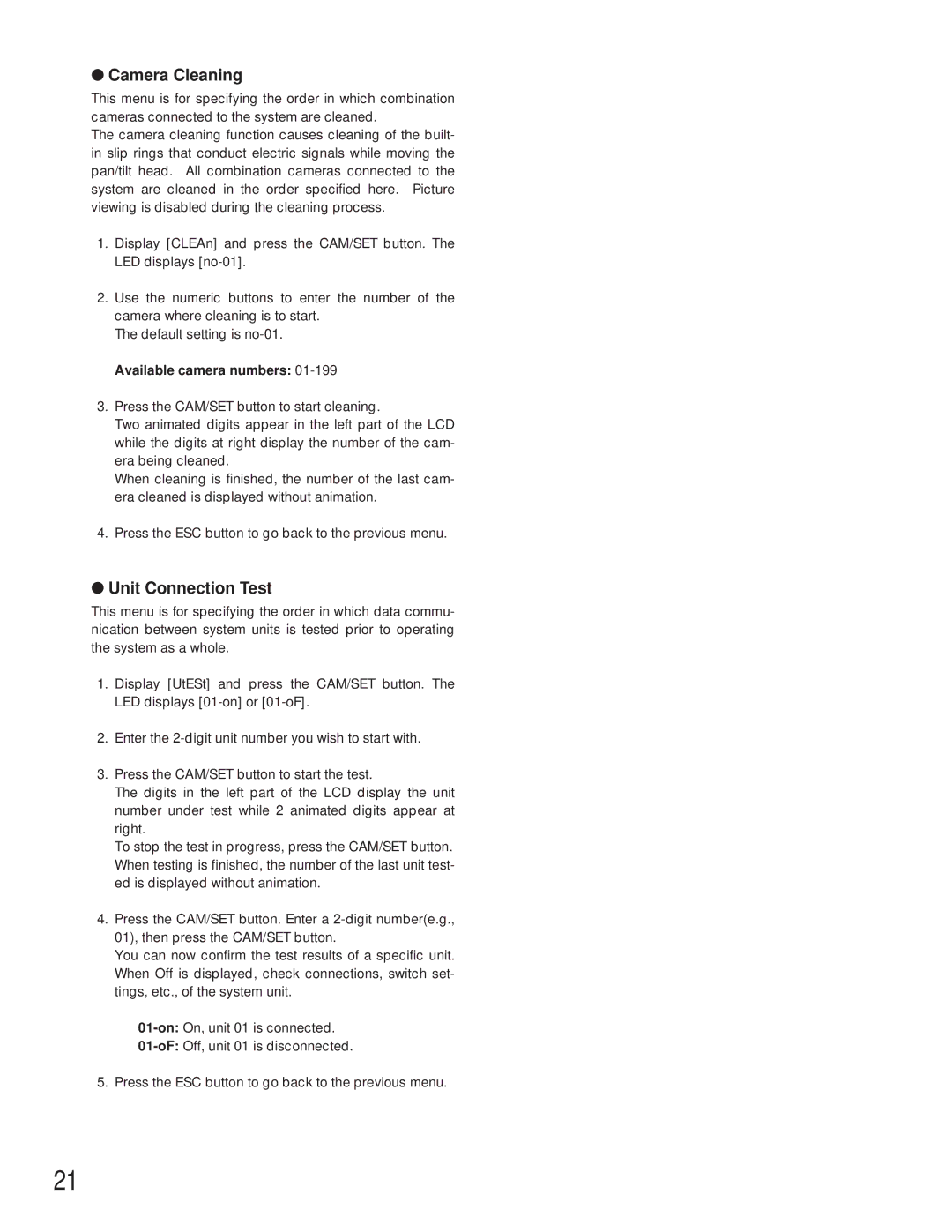 Panasonic WV-CU360C manual Camera Cleaning, Unit Connection Test, Available camera numbers 