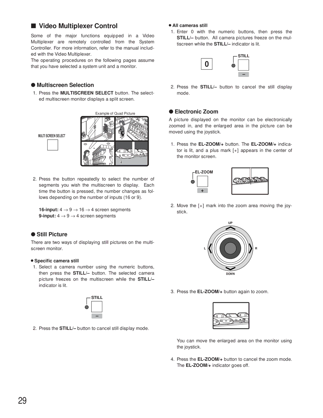 Panasonic WV-CU360C manual Video Multiplexer Control, Multiscreen Selection, Still Picture, Electronic Zoom 