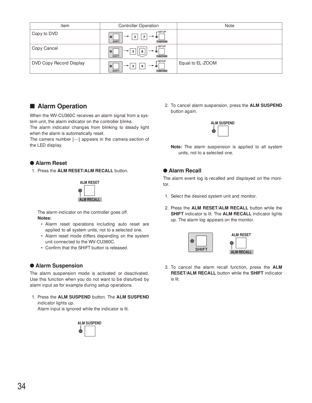 Panasonic WV-CU360C manual Alarm Operation, Alarm Reset, Alarm Recall, Press the ALM RESET/ALM Recall button 