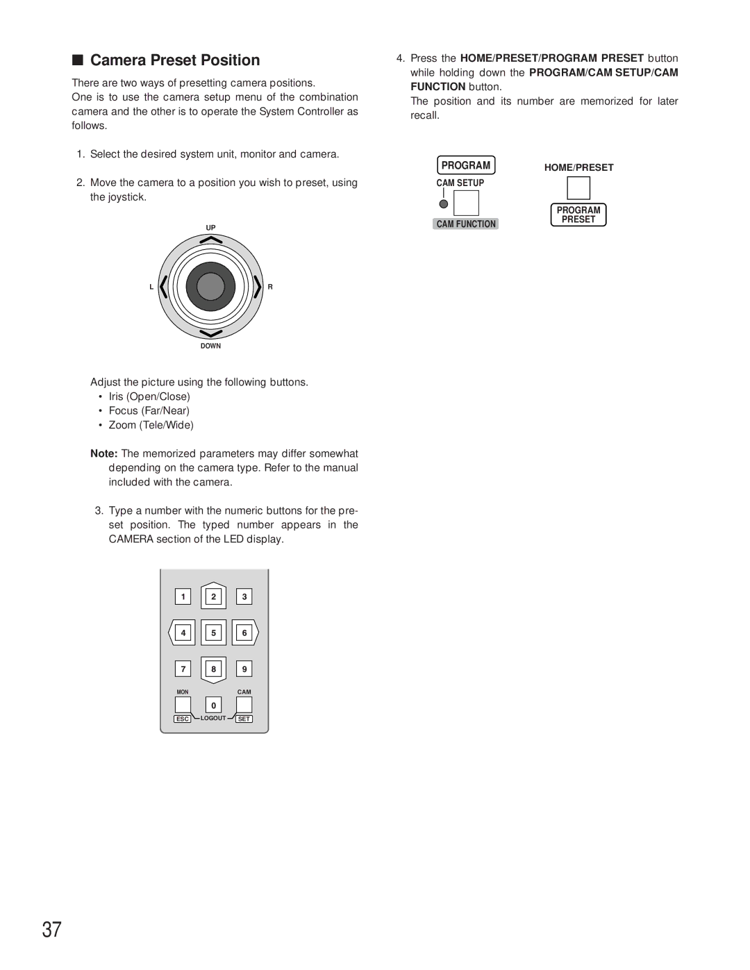 Panasonic WV-CU360C manual Camera Preset Position 