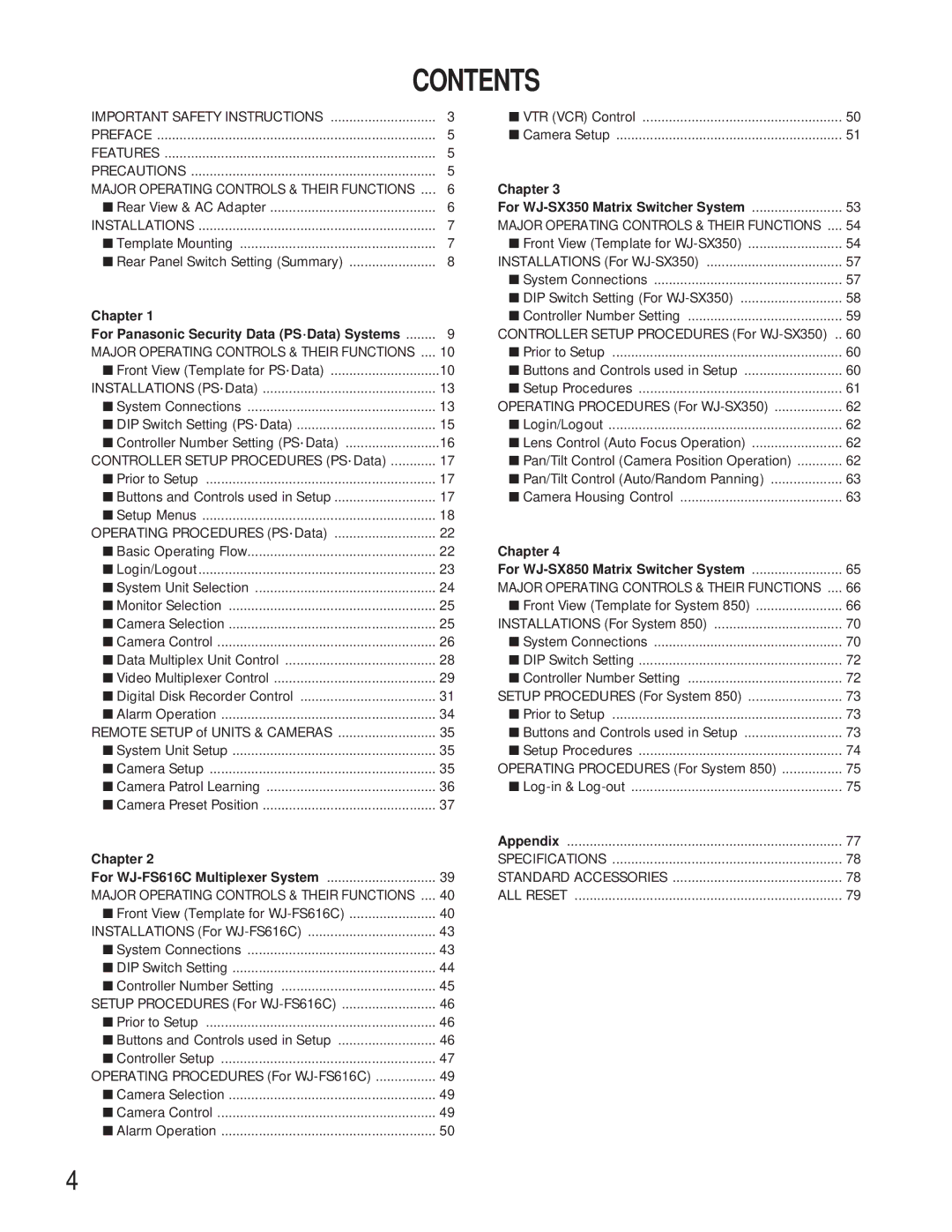 Panasonic WV-CU360C manual Contents 