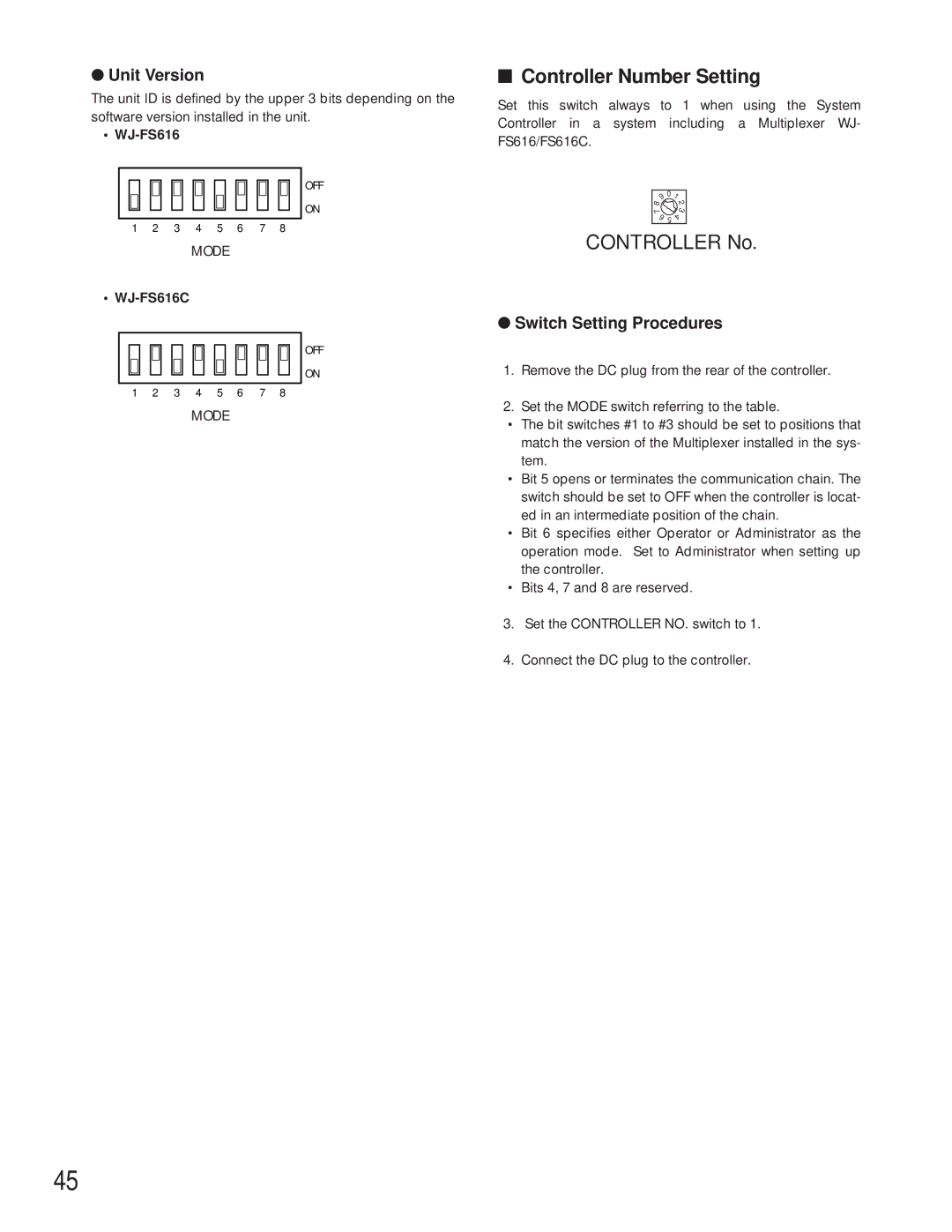 Panasonic WV-CU360C manual Controller Number Setting, Unit Version, Switch Setting Procedures, WJ-FS616C 