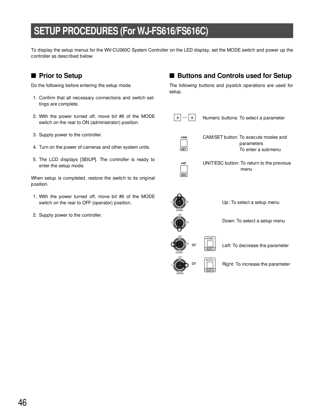 Panasonic WV-CU360C manual Setup Procedures For WJ-FS616/FS616C, Prior to Setup 