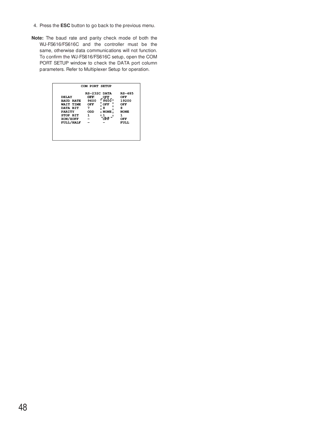 Panasonic WV-CU360C manual COM Port Setup 