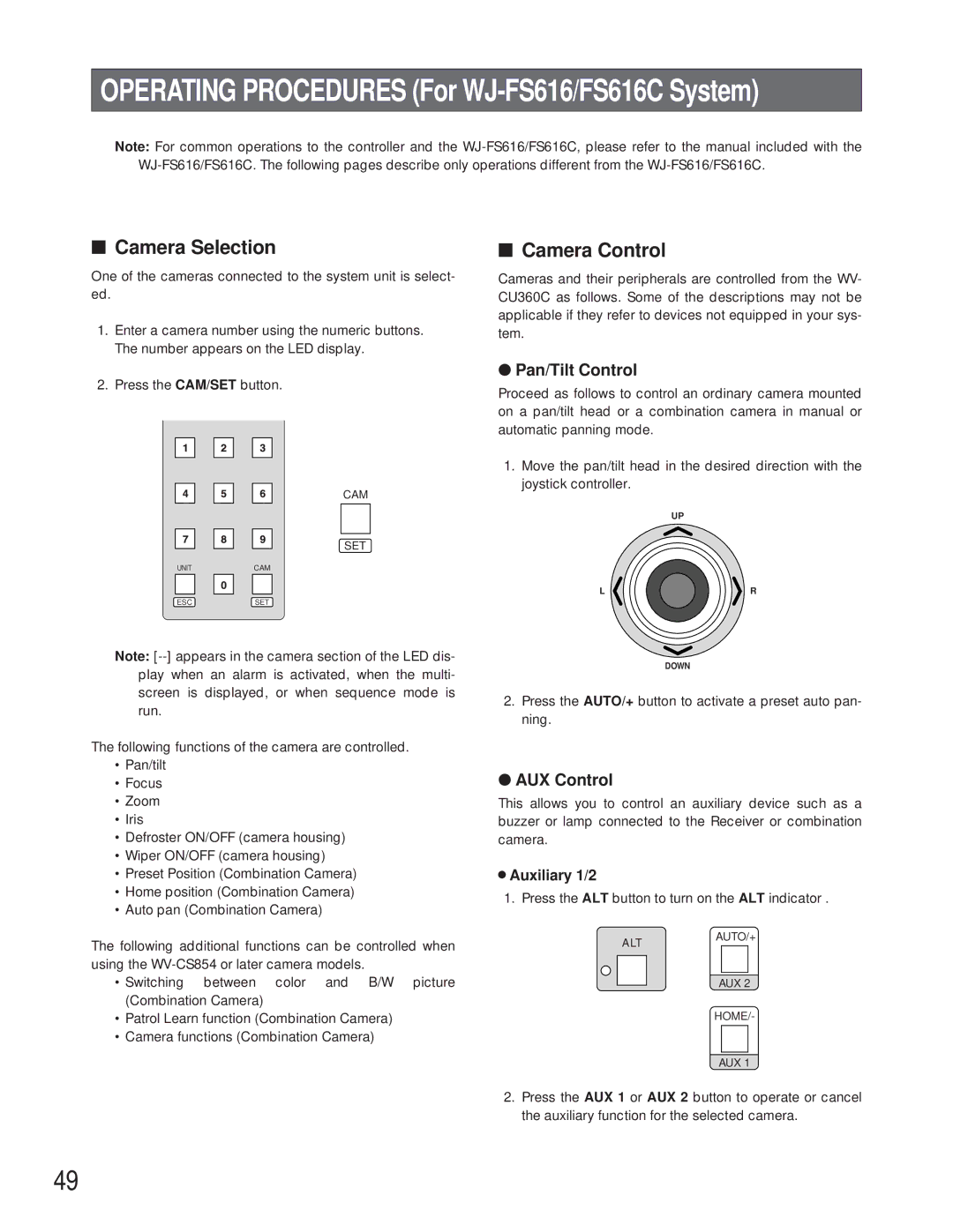 Panasonic WV-CU360C manual Operating Procedures For WJ-FS616/FS616C System, AUX Control 