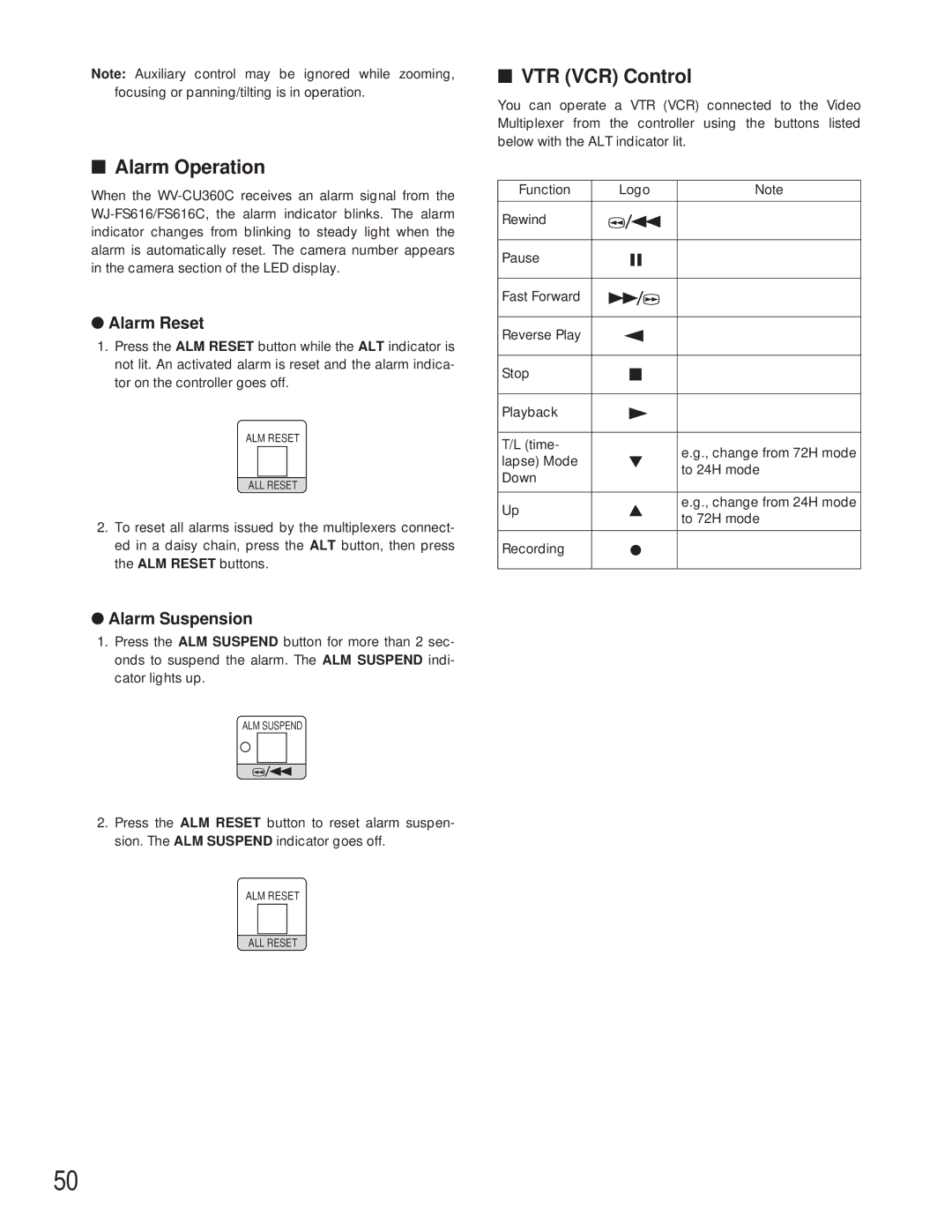 Panasonic WV-CU360C manual VTR VCR Control, Alarm Suspension 