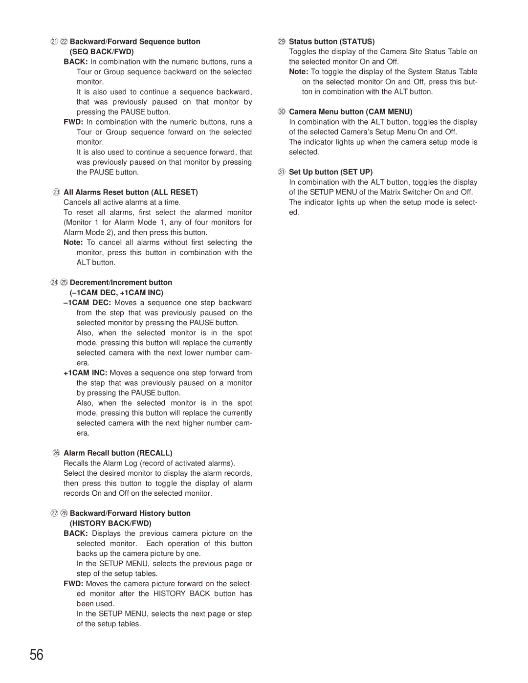 Panasonic WV-CU360C manual @1@2Backward/Forward Sequence button SEQ BACK/FWD, @3All Alarms Reset button ALL Reset 