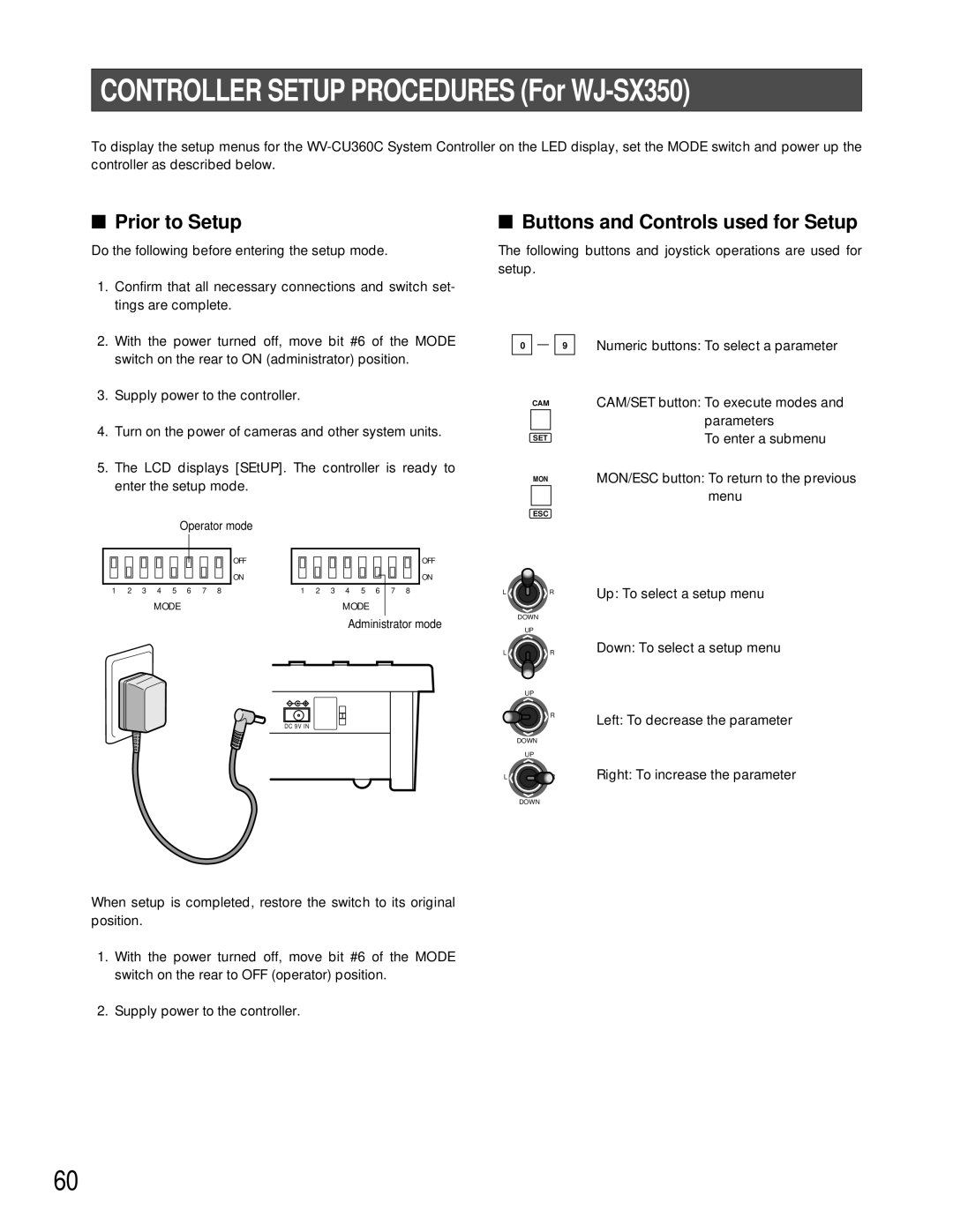 Panasonic WV-CU360C manual Controller Setup Procedures For WJ-SX350, Prior to Setup 